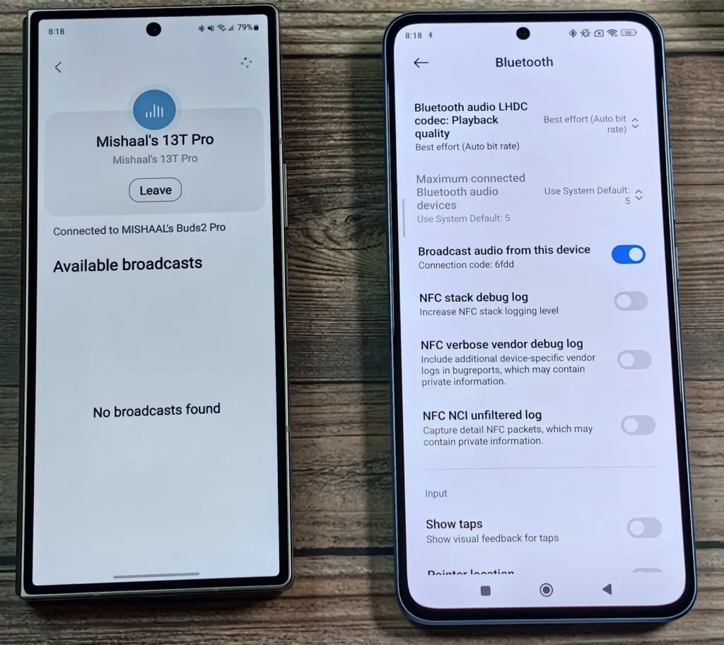 Chia sẻ âm thanh qua Bluetooth 1 Samsung Galaxy Z Fold 6 connected to Auracast broadcast started on Xiaomi 13T Pro 1616w 1440h.jpg