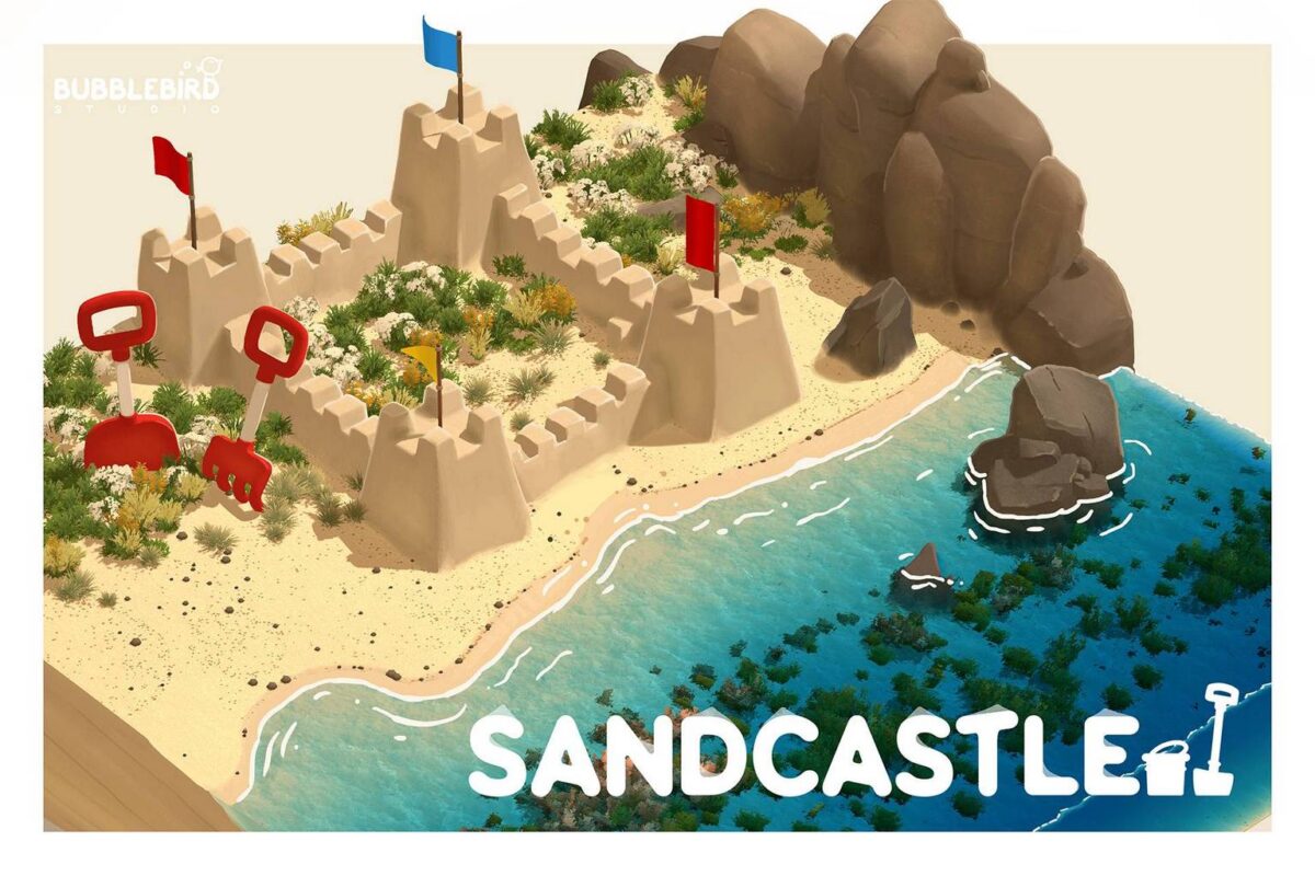 Sandcastle với cảnh bãi biển và hoạt động xây lâu đài cát