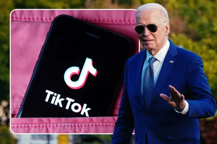 inset image of a smartphone with the tiktok logo on screen with president joe biden photographed walking outside with sunglasse