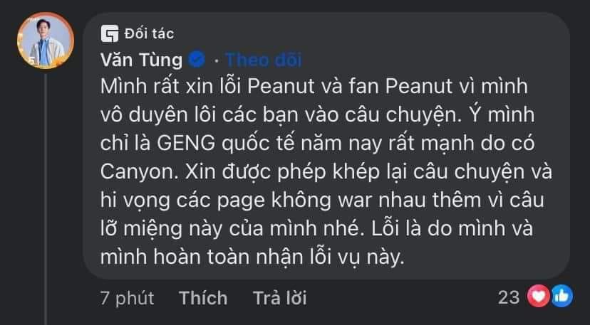 Vạ miệng, BLV Văn Tùng buộc phải xin lỗi tới tấp fan Peanut 2 van tung 14052024