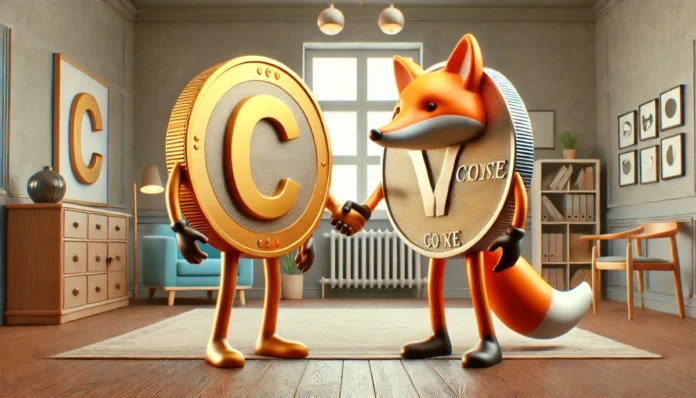 Create two realistic coin characters in a high quality and landscape resolution image. The first coin character represents the letter C and the seco 1200x686 1