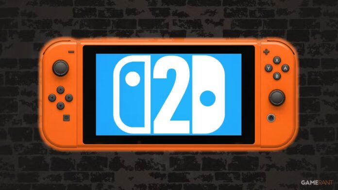 orange nintendo switch 2 mockup on dark wall neon sign light blue display logo