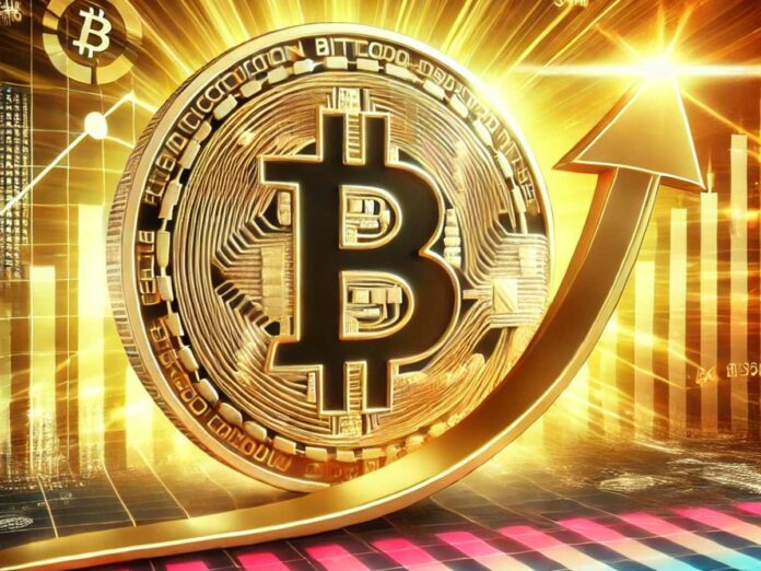 dalle 2024 11 09 123740 a digital illustration of bitcoin reaching an all time high symbolized by a large golden bitcoin logo rising above a financial chart showing an upwar