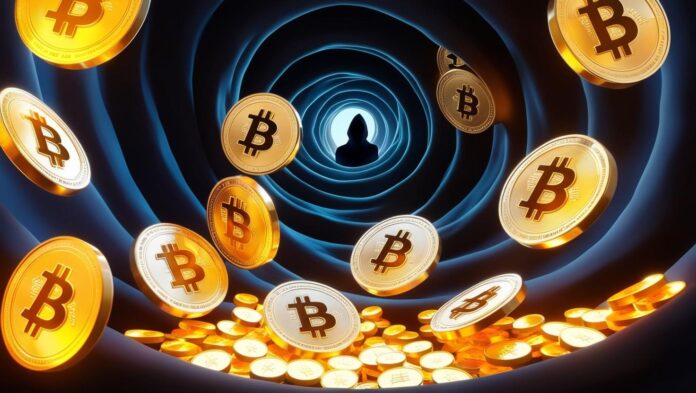3D Glowing cryptocurrency coins being sucked into a dark vortex hacker silhouette in the background in a light style no m