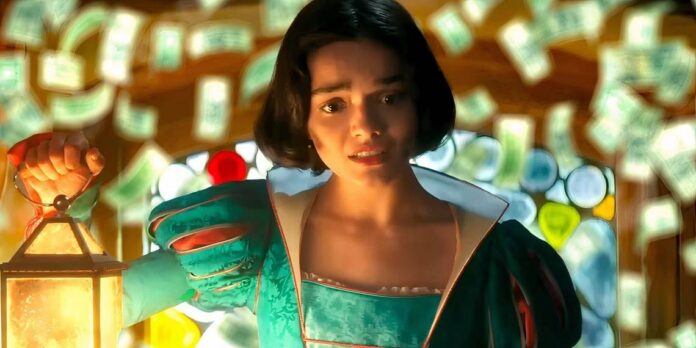 rachel zegler s snow white looking worried and holding a lantern with cash falling behind her in sno