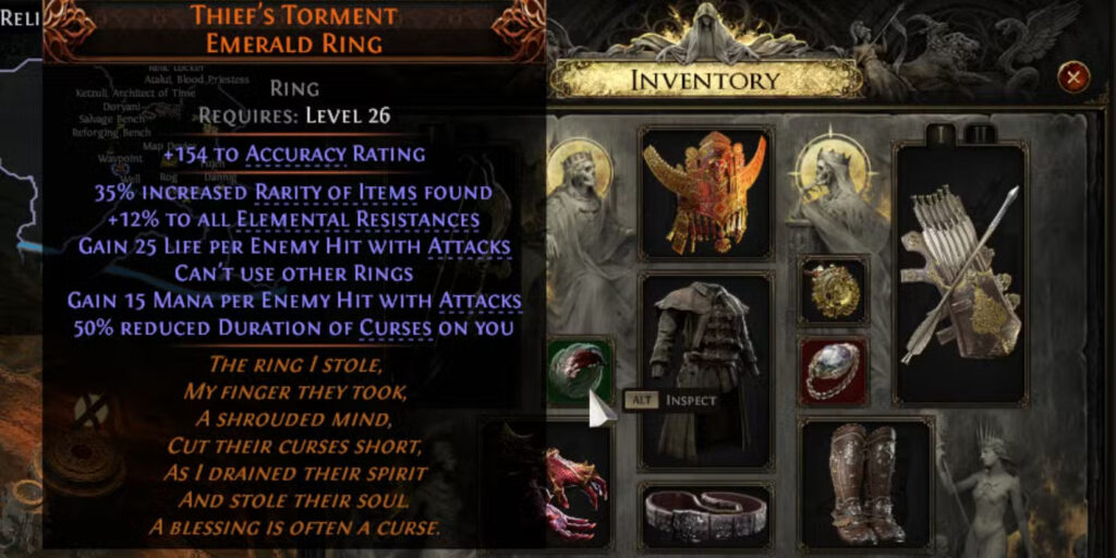 thief s torment emerald ring equipped on a character in path of exile 2