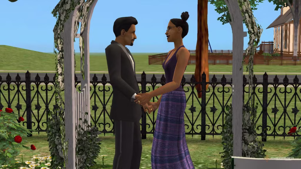 Don Lothario: Quý ông trăng hoa của The Sims 1 the sims 2 don lothario holding hands with cassandra goth under a romantic floral archway gamen.pro