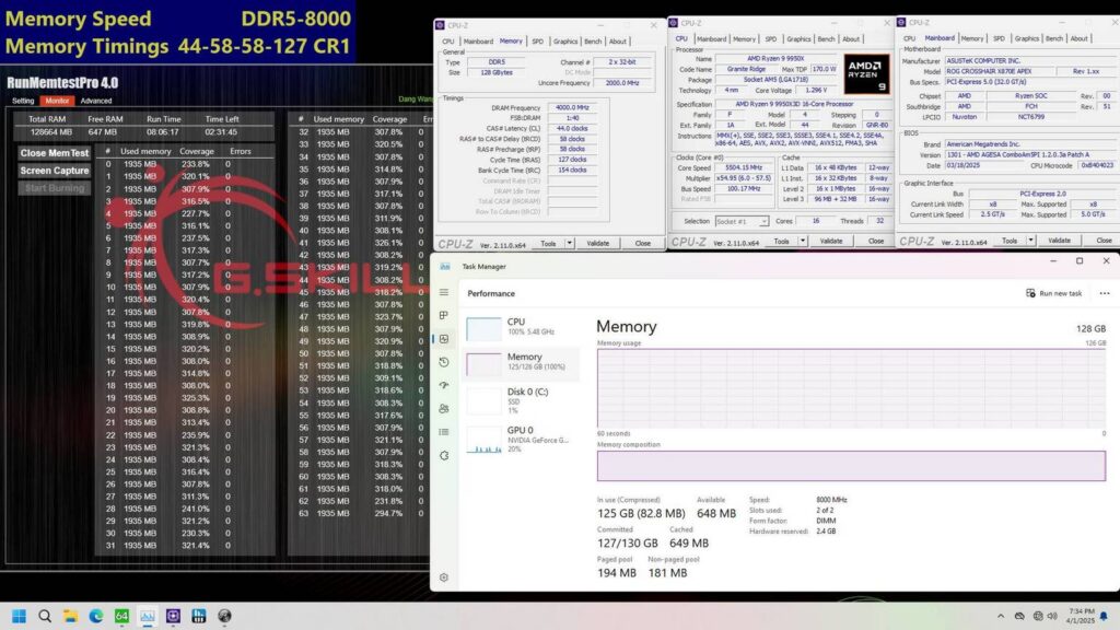 02 gskill ddr5 8000 c44 2x64gb x870e asus apex memtest gamen.pro