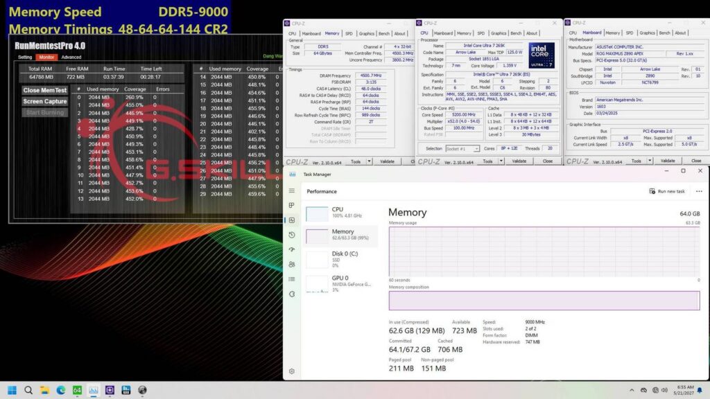 03 gskill ddr5 9000 c48 2x32gb z890 asus apex memtest gamen.pro