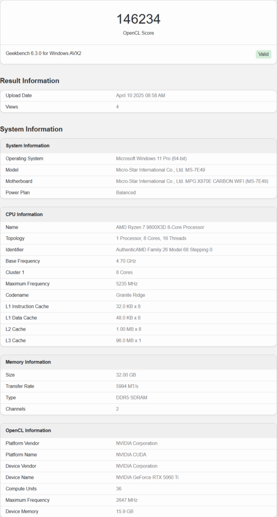 RTX 5060 Ti lộ một thứ quan trọng 1 NVIDIA GeForce RTX 5060 Ti OpenCL Benchmark Leak gamen.pro