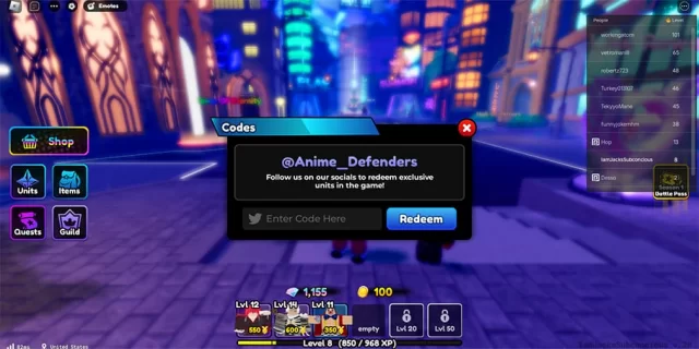 Anime Defenders: Tổng hợp mã code mới nhất tháng 4/2025 2 anime defenders roblox game screen with code redemption pop up jpg 640 gamen.pro