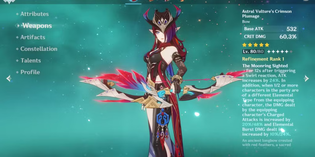 Genshin Impact: Chọn vũ khí nào để Tighnari bắn cháy máy? 7 chasca holding the astral vulture s crimson plumage bow in genshin impact gamen.pro
