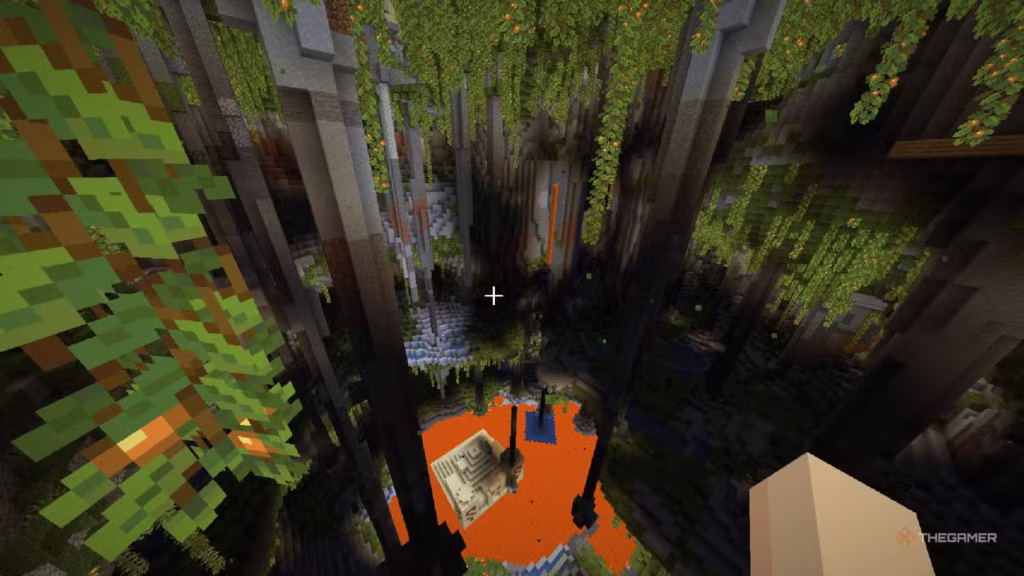 Minecraft: Gợi ý những seed tốt nhất để khám phá bản cập nhật Spring to Life 1 gamen. vn a player looking at an underground lava temple within a lush cave in minecraft