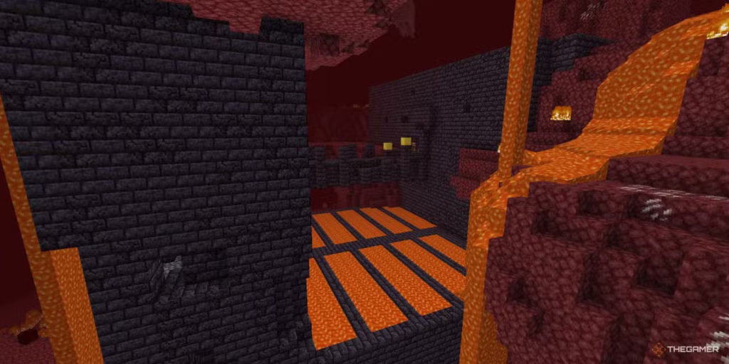 gamen.pro a bastion remnant structure with lava flowing around it seen in the nether dimension in minecraft
