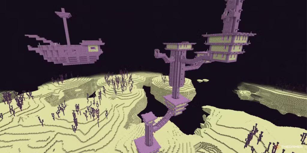 gamen.pro a end city structure with an end ship floating beside it in the end dimension in minecraft