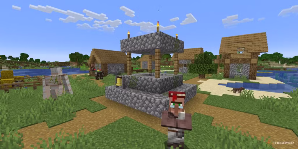 gamen.pro a plains biome village with an iron golem some cats and a villager in minecraft