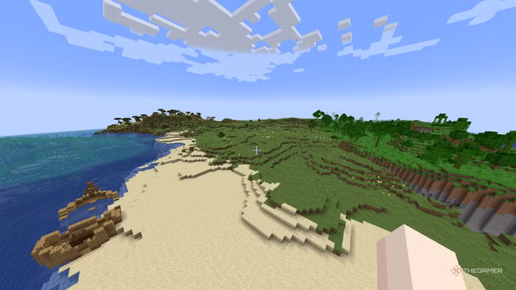 Minecraft: Gợi ý những seed tốt nhất để khám phá bản cập nhật Spring to Life 7 gamen.pro a player looking at a beach with a shipwreck in minecraft