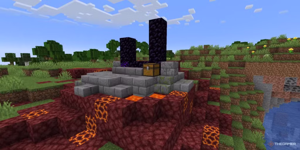 gamen.pro a ruined portal structure with netherack all around in a plains biome in minecraft