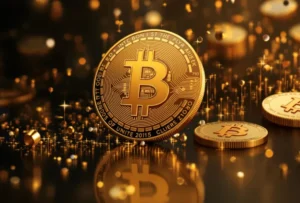 gamen.pro detailed closeup golden bitcoin with blurred coins shimmering gold background 905x613 1