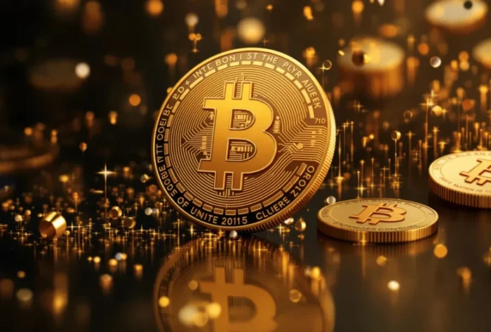gamen.pro detailed closeup golden bitcoin with blurred coins shimmering gold background 905x613 1