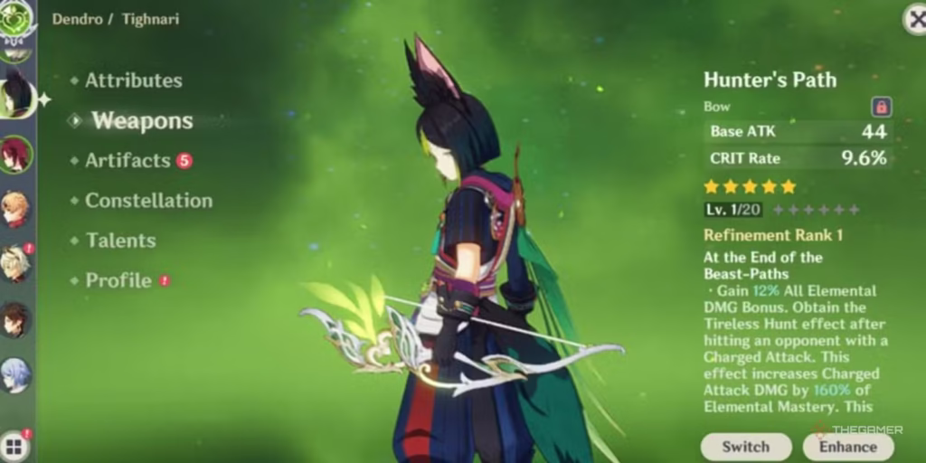 Genshin Impact: Chọn vũ khí nào để Tighnari bắn cháy máy? 8 tighnari holding genshin impact s hunter s path bow in his weapon equip screen 1 gamen.pro