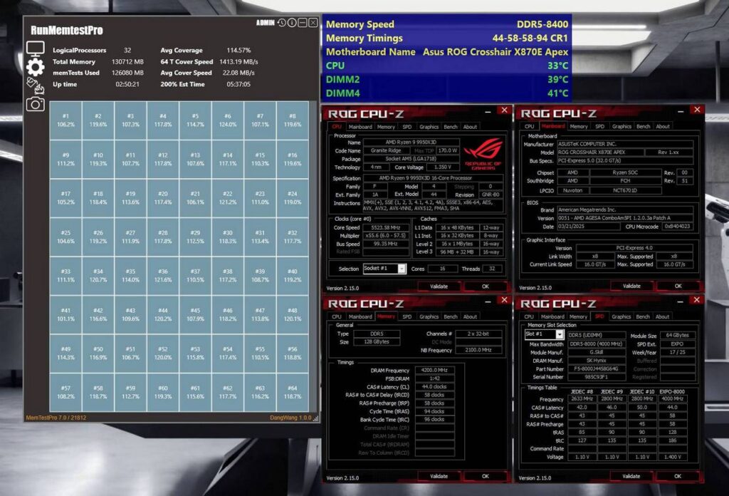 02 gskill ddr5 8400 c44 128gb 2x64gb asus x870e apex 9950x3d memtest
