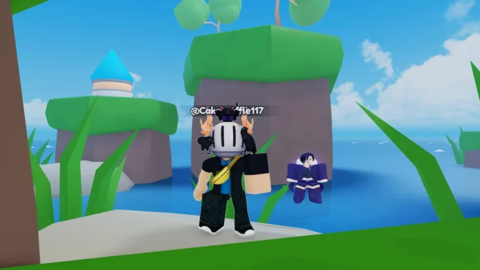 Roblox Anime Galaxy avatar wearing silver helmet standing on rock near water with female npc garbed in purple gamen.pro