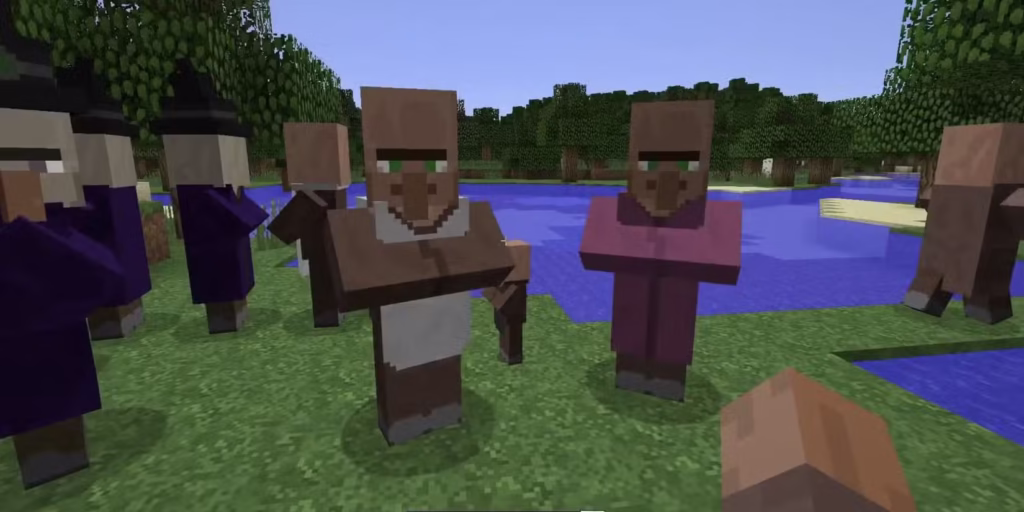 a player in a villager skin around a group of witches and villagers in the april fools villager update of minecraft gamen.pro