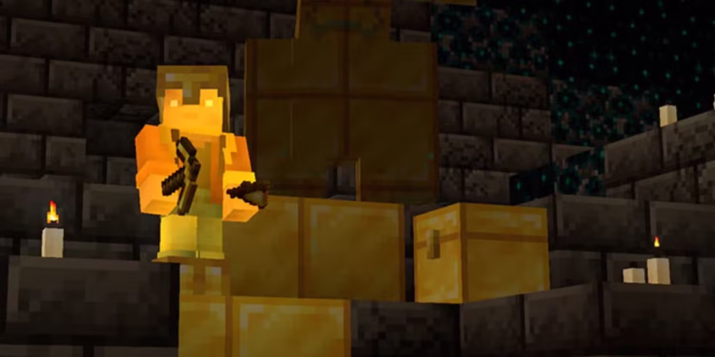 a player with the midas touch effect turning things to gold in an ancient city in the april fools vote update of minecraft gamen.pro