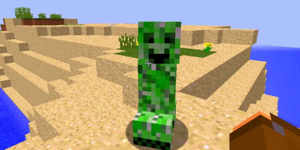 a smiling creeper on a sandy island in the love hugs april fools update of minecraft gamen.pro