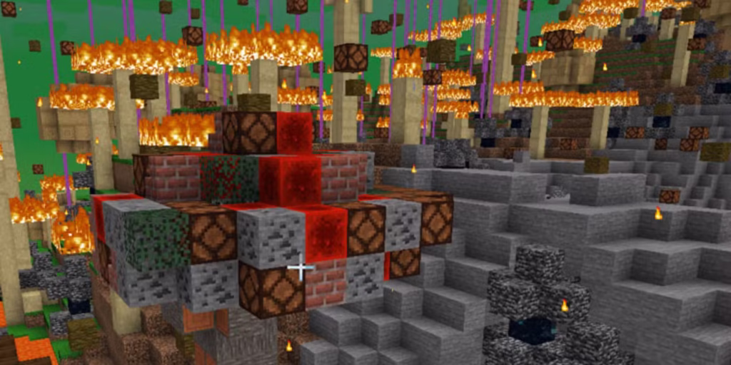 a strange dimension made of a bunch of random blocks with fire and beacons all over in the ultimate content april fools update in minecraft gamen.pro
