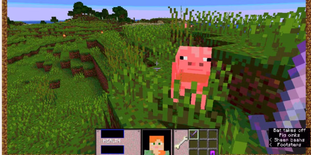 alex facing down a pig with a doom ui at the bottom in the minecraft 3d april fools update of minecraft gamen.pro
