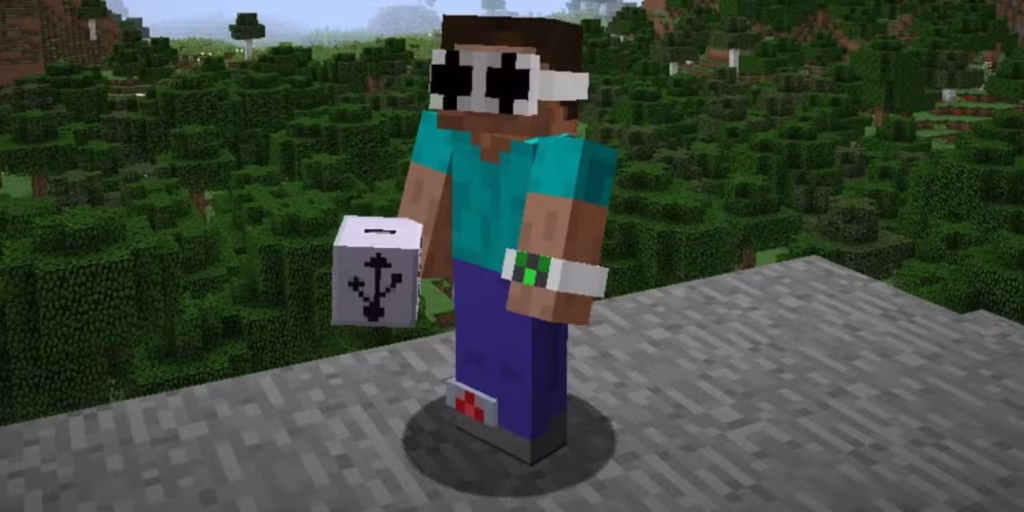 steve wearing the reality vision smarter watch and ankle monitor while holding a usb charger block in the april fools trendy update of minecraft gamen.pro