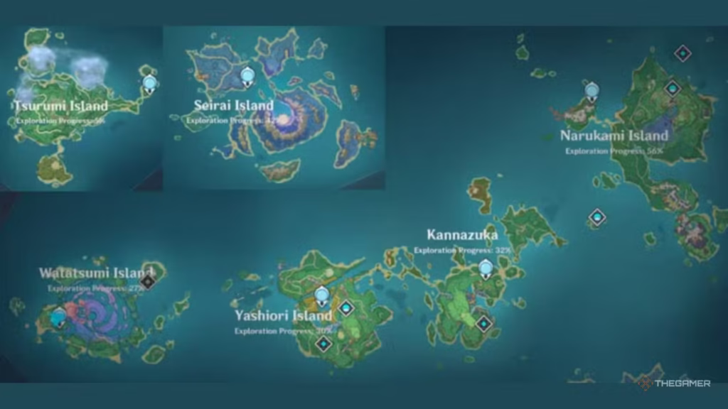 the inazuma statues of seven are set upon each of the islands as seen on the genshin impact map gamen.pro