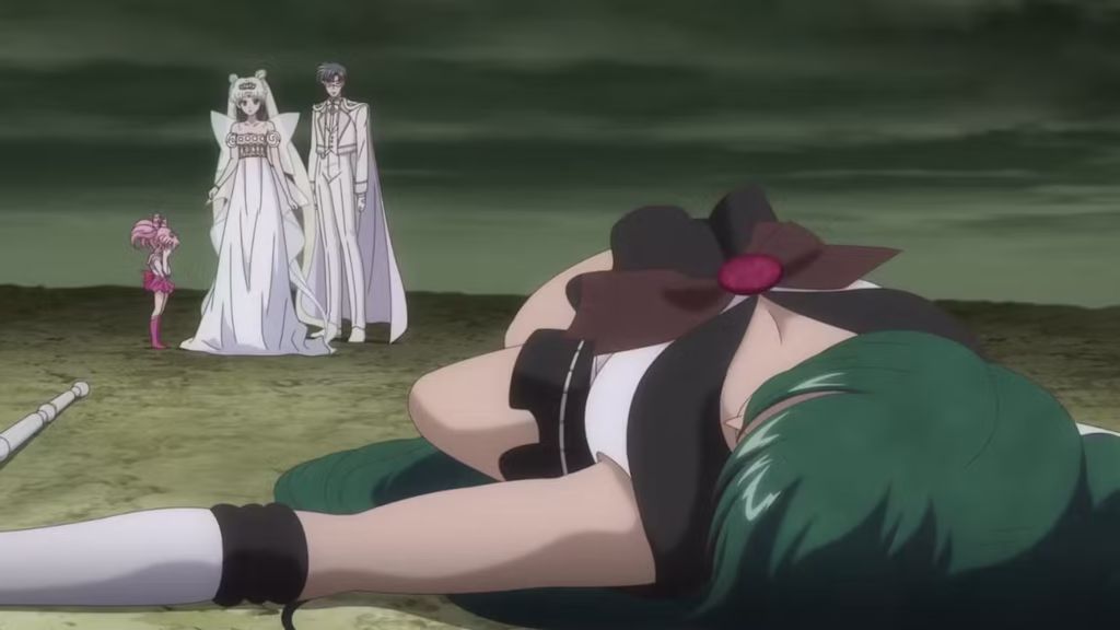 Neo Queen Serenity Sailor Chib Moon and King Endymion look at Sailor Pluto in Crystal act 26 gamen.pro