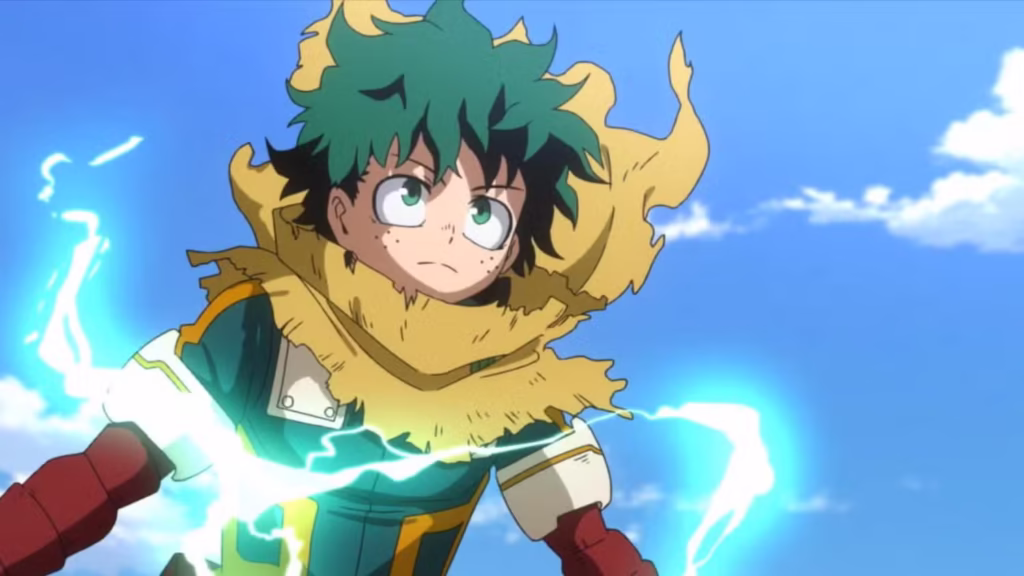 deku floats in the air and looks forward as green one for all energy wraps around him in my hero academia you re next gamen.pro