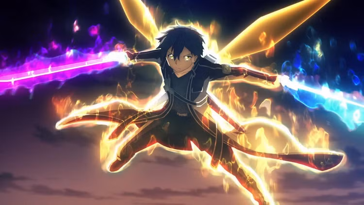 kirito wielding dual pink and blue blades in his fight against gabriel from sword art online gamen.pro