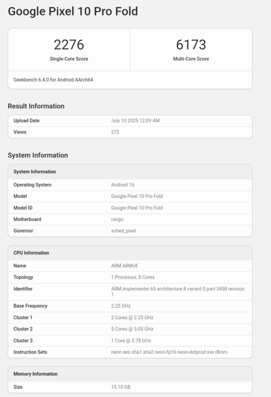 gamen.pro Pixel 10 Pro Fold Geekbench 6 performance numbers 2