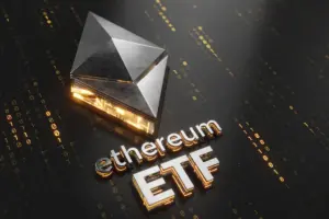 gamen.pro words saying ethereum etf and logo in silver on top of gold binary numbers and black background