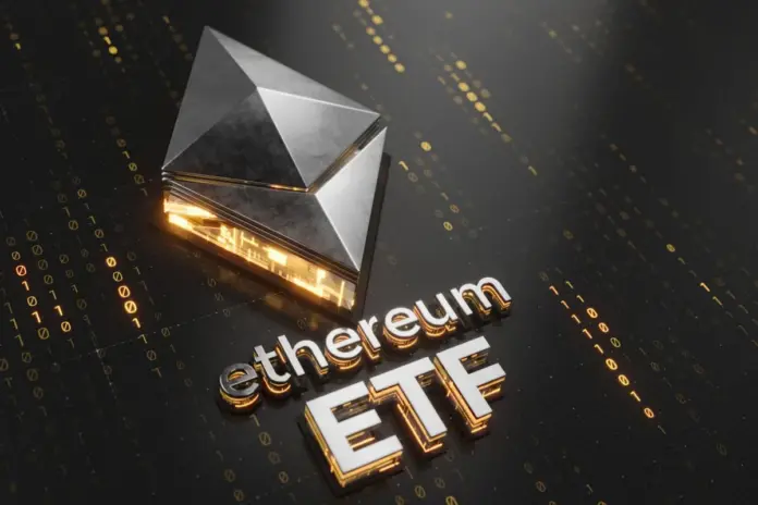 gamen.pro words saying ethereum etf and logo in silver on top of gold binary numbers and black background