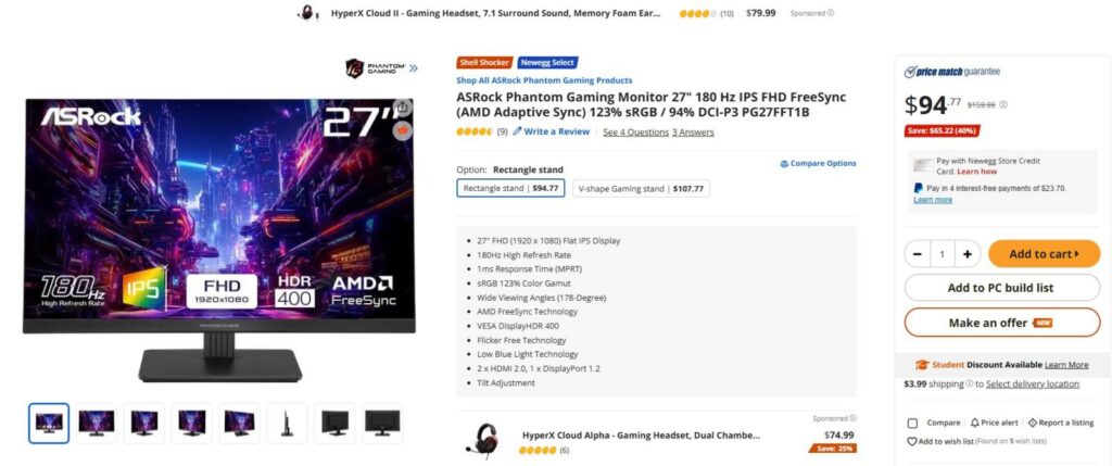 Màn hình chơi game 27 inch, 180Hz của ASRock giảm sốc còn dưới 100 USD 1 gamen.pro ASRock Phantom Gaming PG27FFT1B Newegg