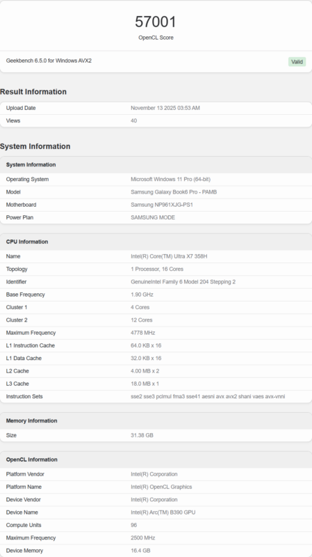 gamen.pro Intel Arc B390 Xe3 iGPU Geekbench