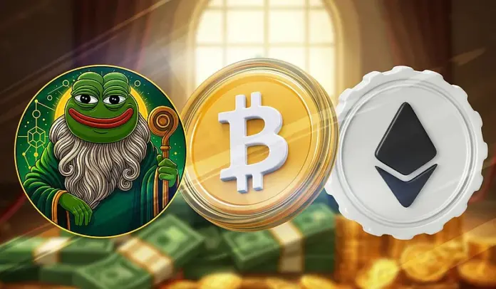 gamen.pro Pepe the Frog wizard next to Bitcoin and Ethereum coins