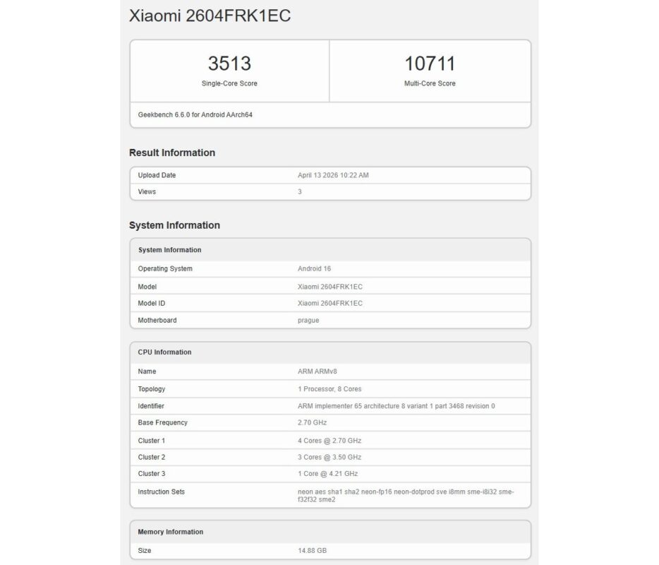 Redmi K90 Max lộ điểm Geekbench 1 gamen.pro Redmi K90 Max 14042026