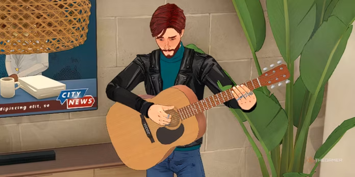 gamen.pro paralives a man playing a guitar with the news on the tv