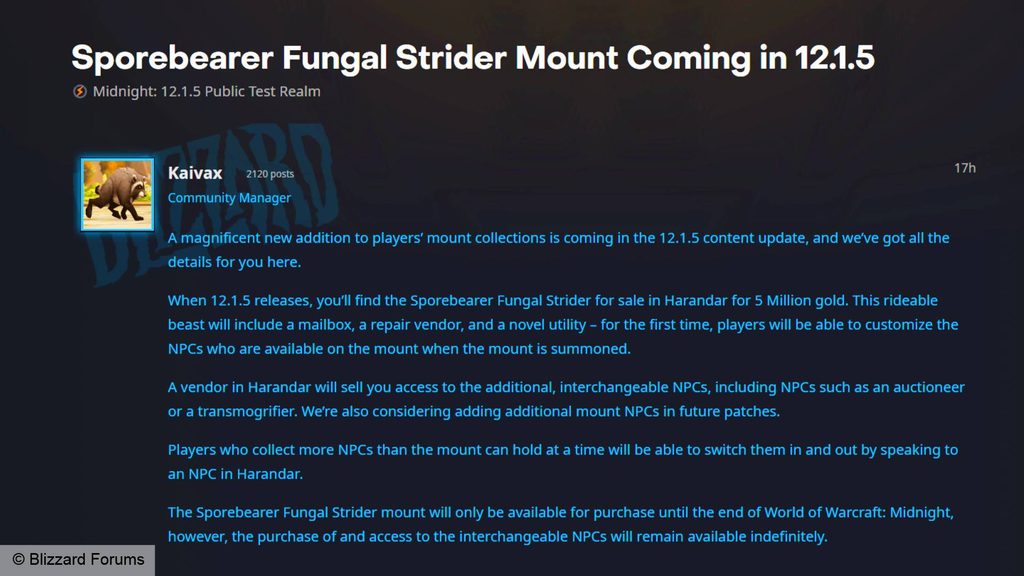 WoW chuẩn bị bán thú cưỡi 5 triệu gold, đủ tiện ích có thể lên 7 triệu 2 gamen.pro world of warcraft midnight sporebearer fungal strider mount patch 12 1 5 wow